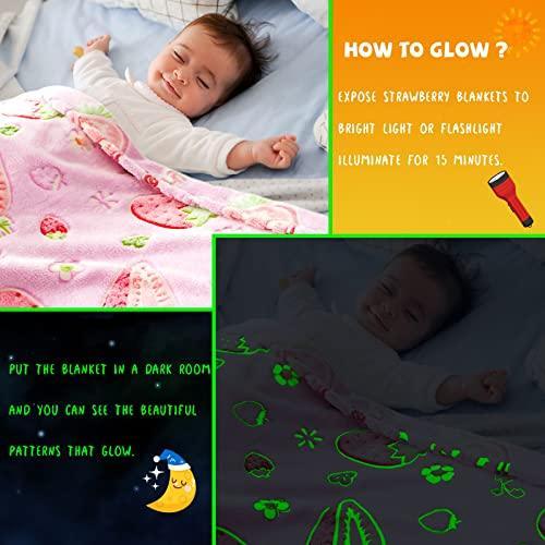 REXEO Glow in The Dark Blanket for Girls Kids, Girls Toys for 1 2 3 4 5 6 7 8 9 10 Year Old Girl Gifts, Cute Pink Strawberry Blanket for Girls Birthday Christmas Valentines Gifts 60 x 50in - SHOP NO2CO2