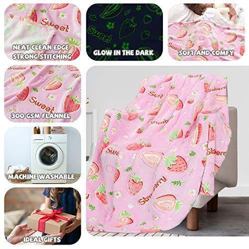 REXEO Glow in The Dark Blanket for Girls Kids, Girls Toys for 1 2 3 4 5 6 7 8 9 10 Year Old Girl Gifts, Cute Pink Strawberry Blanket for Girls Birthday Christmas Valentines Gifts 60 x 50in - SHOP NO2CO2