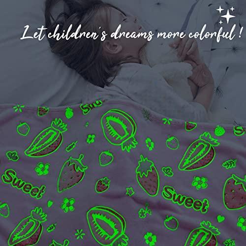 REXEO Glow in The Dark Blanket for Girls Kids, Girls Toys for 1 2 3 4 5 6 7 8 9 10 Year Old Girl Gifts, Cute Pink Strawberry Blanket for Girls Birthday Christmas Valentines Gifts 60 x 50in - SHOP NO2CO2