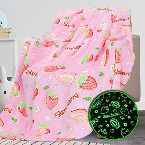 REXEO Glow in The Dark Blanket for Girls Kids, Girls Toys for 1 2 3 4 5 6 7 8 9 10 Year Old Girl Gifts, Cute Pink Strawberry Blanket for Girls Birthday Christmas Valentines Gifts 60 x 50in - SHOP NO2CO2