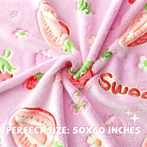 REXEO Glow in The Dark Blanket for Girls Kids, Girls Toys for 1 2 3 4 5 6 7 8 9 10 Year Old Girl Gifts, Cute Pink Strawberry Blanket for Girls Birthday Christmas Valentines Gifts 60 x 50in - SHOP NO2CO2