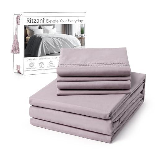 RITZANI King Size Sheet Set Deep Pocket - 6 Piece Ultra Soft Machine Washable Luxury Bed Sheet Set - Shrinkage & Fade Resistant Embroidered Bedding Sheet (King, Thistle Purple) - SHOP NO2CO2