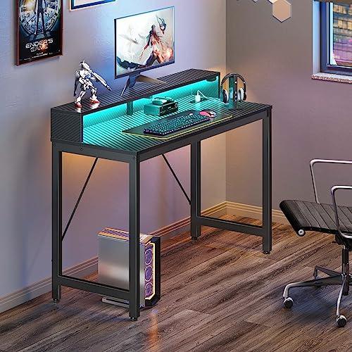 Rolanstar Computer Desk 47" with LED Lights & Power Outlets, Home Office Desk with Monitor Shelf, Gaming Desk, Writing Desk, Study Desk for Student & Kids, Carbon Fiber Surface Black - SHOP NO2CO2