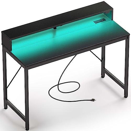 Rolanstar Computer Desk 47" with LED Lights & Power Outlets, Home Office Desk with Monitor Shelf, Gaming Desk, Writing Desk, Study Desk for Student & Kids, Carbon Fiber Surface Black - SHOP NO2CO2