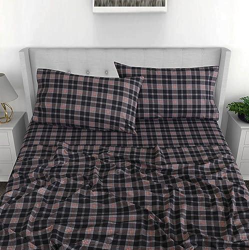 RUVANTI Flannel Sheets Queen Size - 100% Cotton Brushed Bed Sheet Sets - Deep Pockets 16 Inches (fits up to 18") - All Seasons Breathable & Super Soft - Warm & Cozy - 4Pcs - Peach & Black Plaid - SHOP NO2CO2