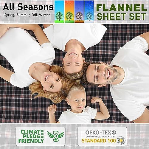 RUVANTI Flannel Sheets Queen Size - 100% Cotton Brushed Bed Sheet Sets - Deep Pockets 16 Inches (fits up to 18") - All Seasons Breathable & Super Soft - Warm & Cozy - 4Pcs - Peach & Black Plaid - SHOP NO2CO2