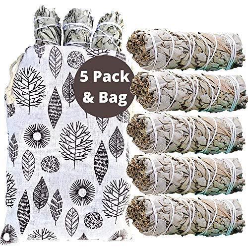 SAGE SMUDGE Sticks, 5 White Sage Bundles Bulk Refill & Shaman Smudge Kit Storage Bag! California White Sage Smudging Sticks, Organic Freshly Dried Incense Sage Stick Set, Sustainable! (5, Large Bag) - SHOP NO2CO2