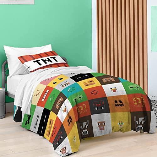 Saturday Park Minecraft Iconic Full/Queen Duvet Cover & Sham Set - 3 Piece 100% Organic Cotton Duvet Set Features Creeper, Alex & Steve - GOTS & Oeko-TEX Certified (Minecraft Official) - SHOP NO2CO2