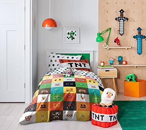 Saturday Park Minecraft Iconic Full/Queen Duvet Cover & Sham Set - 3 Piece 100% Organic Cotton Duvet Set Features Creeper, Alex & Steve - GOTS & Oeko-TEX Certified (Minecraft Official) - SHOP NO2CO2