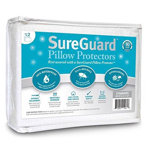 Set of 2 Standard Size SureGuard Pillow Protectors - 100% Waterproof, Bed Bug Proof, Hypoallergenic - Premium Zippered Cotton Terry Covers - SHOP NO2CO2