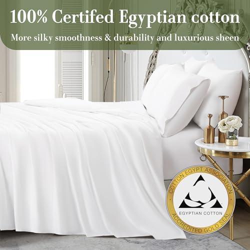 Shilucheng 100% Egyptian Cotton Queen Size Sheets Set - 1000 Thread Count，Luxury Cotton Bed Sheets，Breathable & Cooling Bedding and Pillow Cases, 16 Inch Deep Pocket - 4 Piece (White, Queen) - SHOP NO2CO2