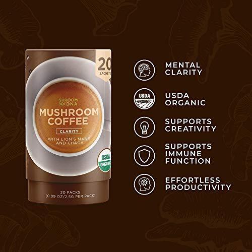 ShroomDNA Organic Mushroom Coffee with Lions Mane and Chaga Mushrooms, Organic Instant Coffee. Instant Focus + Clarity All Day. Vegan, Gluten Free, No Added Sugar, USDA Certified Organic 20 Count (Pack of 1) - SHOP NO2CO2