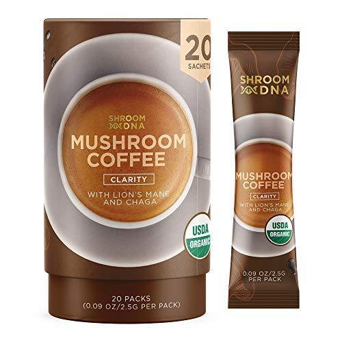 ShroomDNA Organic Mushroom Coffee with Lions Mane and Chaga Mushrooms, Organic Instant Coffee. Instant Focus + Clarity All Day. Vegan, Gluten Free, No Added Sugar, USDA Certified Organic 20 Count (Pack of 1) - SHOP NO2CO2