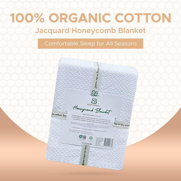 Sleep & Beyond 100% Organic Cotton Honeycomb Blanket | Jacquard Weave | Soft Breathable and Nature-Friendly Reversible Design| Comfortable Sleep for All Seasons |Full/Queen - Crisp White - SHOP NO2CO2