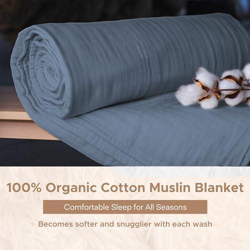 Sleep & Beyond 100% Organic Cotton Muslin Blanket |Soft Breathable 4 Layers Double Gauze| Reversible | GOTS Certified Oeko Tex Certified | Comfortable Sleep for All Season | Twin Size - Pacific Blue - SHOP NO2CO2