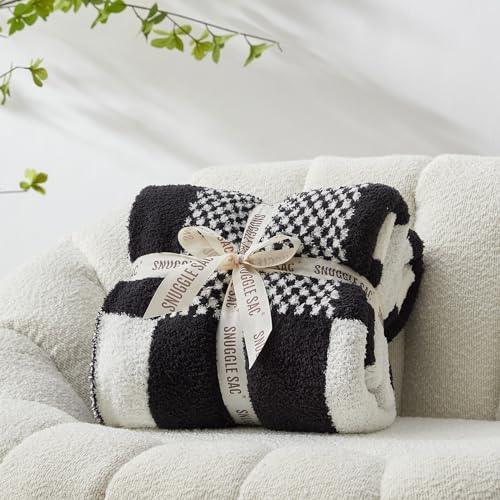 Snuggle Sac Checkered Throw Blanket, Black Buffalo Plaid Blankets Lux Microfiber Fuzzy Blanket for Couch, Reversible Cozy Knitted Blanket, Black White,50x60 inches - SHOP NO2CO2