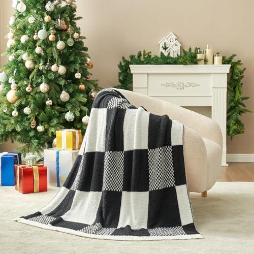 Snuggle Sac Checkered Throw Blanket, Black Buffalo Plaid Blankets Lux Microfiber Fuzzy Blanket for Couch, Reversible Cozy Knitted Blanket, Black White,50x60 inches - SHOP NO2CO2