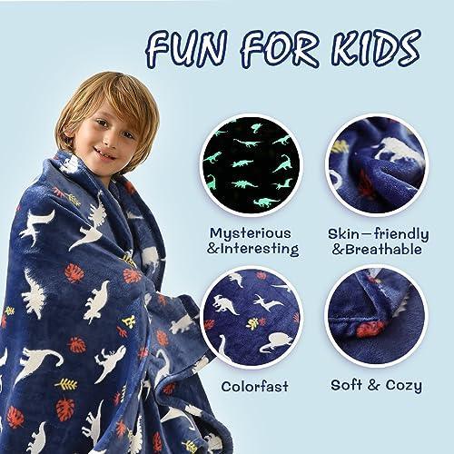 SOCHOW Glow in The Dark Throw Blanket 50 x 60 Inches, Jurassic Dinosaur Pattern Soft Cozy Flannel Fleece Blanket for Boys Girls, All Seasons Navy Blue Gifts Blanket for Kids - SHOP NO2CO2