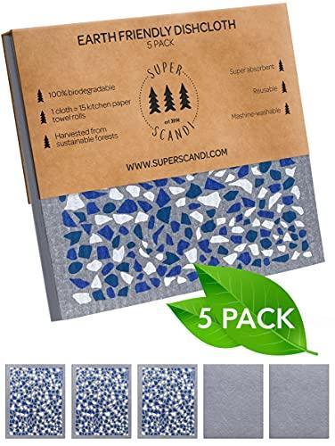 SUPERSCANDI Swedish Dishcloths Reusable Biodegradable Cellulose Sponge Cleaning Cloths for Kitchen Towel Replacement Washcloths (3 Printed, 2 Terazzo on Grey) - SHOP NO2CO2