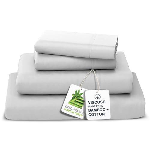 Sweave Optimal Blend of Organic Viscose Made from Bamboo with Luxury Long Staple Cotton Sheets, King Size Bed Sheets Set 4 Pcs - Double Stitch & Double Elastic with 16" Deep Pockets - White - SHOP NO2CO2