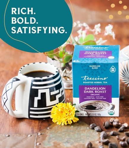 Teeccino Dandelion Dark Roast Tea - Caffeine Free, Organic, Roasted Herbal Tea with Prebiotics, 3x More Herbs than Regular Tea Bags - Gluten-Free, Acid-Free Coffee Alternative - 10 Tea Bags (Pack of 4) - SHOP NO2CO2