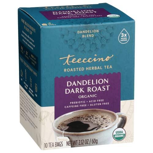 Teeccino Dandelion Dark Roast Tea - Caffeine Free, Organic, Roasted Herbal Tea with Prebiotics, 3x More Herbs than Regular Tea Bags - Gluten-Free, Acid-Free Coffee Alternative - 10 Tea Bags (Pack of 4) - SHOP NO2CO2