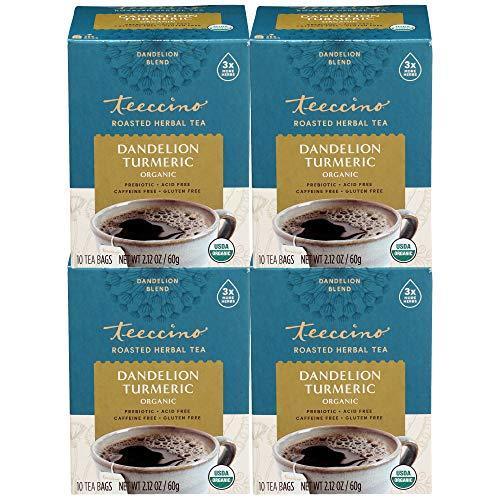 Teeccino Dandelion Turmeric Tea - Caffeine-Free, Organic, Roasted Herbal Tea with Prebiotics, 3x More Herbs than Regular Tea Bags, Gluten Free - 10 Tea Bags (Pack of 4) - SHOP NO2CO2