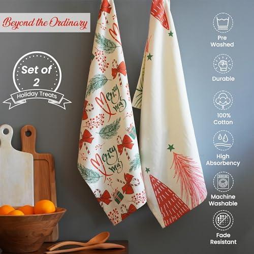 The Fine Living Co. Merry Christmas Printed Cotton Kitchen Towels, Dish Towels for Drying Dishes, Kitchen Hand Towels, Tea Towels, Dish Towels for Kitchen Set of 2, 18”x28” (Cherry Red & Green) - SHOP NO2CO2