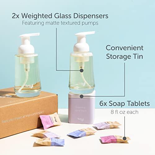 Tirtyl Hand Soap Duo Kit - 2 Glass Foaming Dispensers + Storage Tin + 6 Tablet Refills (48 fl oz total - 6x 8 fl oz) - NEW Formula - Compostable Packaging - Variety Fragrances - SHOP NO2CO2