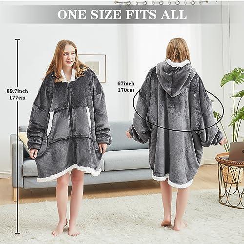 Topcee Oversized Wearable Blanket Sherpa Fleece Blanket Hoodie Comfortable Soft Warm Thick Big Hooded Sweatshirt Hoodie Blanket - Cozy and Fuzzy blanket Hoodie with Giant Pocket - Dark Grey - SHOP NO2CO2