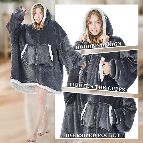 Topcee Oversized Wearable Blanket Sherpa Fleece Blanket Hoodie Comfortable Soft Warm Thick Big Hooded Sweatshirt Hoodie Blanket - Cozy and Fuzzy blanket Hoodie with Giant Pocket - Dark Grey - SHOP NO2CO2