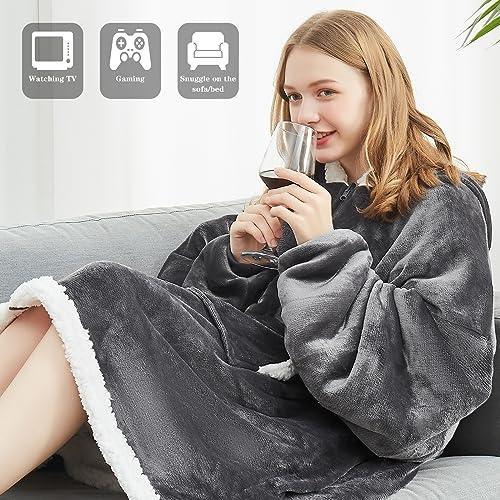 Topcee Oversized Wearable Blanket Sherpa Fleece Blanket Hoodie Comfortable Soft Warm Thick Big Hooded Sweatshirt Hoodie Blanket - Cozy and Fuzzy blanket Hoodie with Giant Pocket - Dark Grey - SHOP NO2CO2