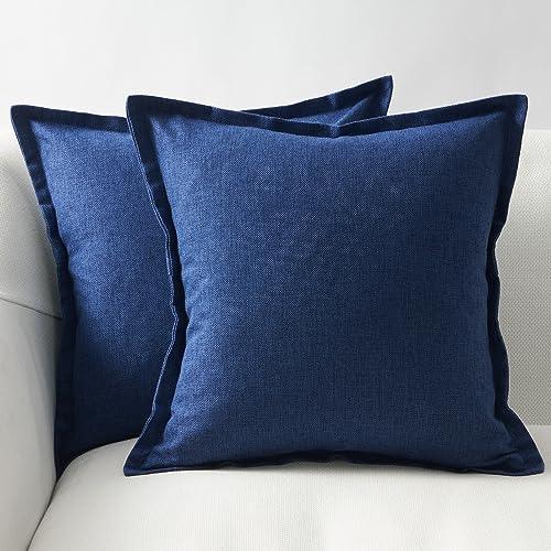 Topfinel Navy Blue Decorative Pillow Cover 18x18 Inch Set of 2,Farmhouse Textured Linen Edges Trimmed Accent Throw Pillow Covers,Boho Rustic Soft Square Cushion Cases Square for Bed Couch Sofa Car - SHOP NO2CO2