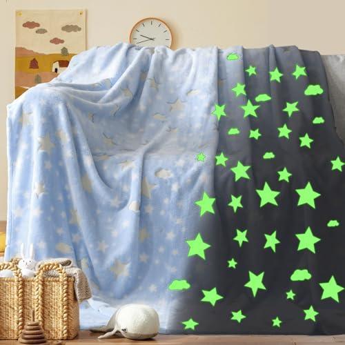 Touchat Glow in The Dark Blanket for Girls Boys, Unique Gifts for Boys Girls Kids in Halloween Christmas Birthday, Soft Cozy Flannel Fleece Throw Blanket for Bed Sofa Couch, 50" x 60"(Blue) - SHOP NO2CO2