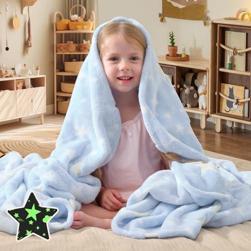 Touchat Glow in The Dark Blanket for Girls Boys, Unique Gifts for Boys Girls Kids in Halloween Christmas Birthday, Soft Cozy Flannel Fleece Throw Blanket for Bed Sofa Couch, 50" x 60"(Blue) - SHOP NO2CO2