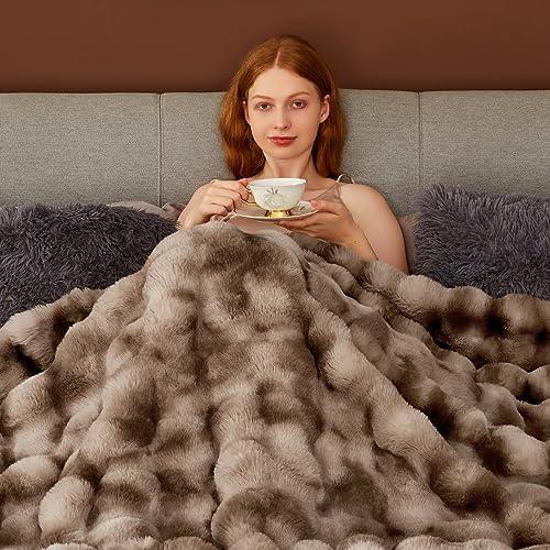 Touchat Luxury 1000GSM Faux Rabbit Fur Throw Blanket, Super Heavy Warm Cozy Brown Blankets for Couch Bed Sofa, Ruched Plush Fuzzy Elegant Soft Reversible Mink Blanket for Living Room Bedroom - SHOP NO2CO2