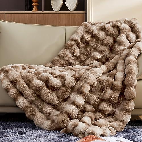 Touchat Luxury 1000GSM Faux Rabbit Fur Throw Blanket, Super Heavy Warm Cozy Brown Blankets for Couch Bed Sofa, Ruched Plush Fuzzy Elegant Soft Reversible Mink Blanket for Living Room Bedroom - SHOP NO2CO2