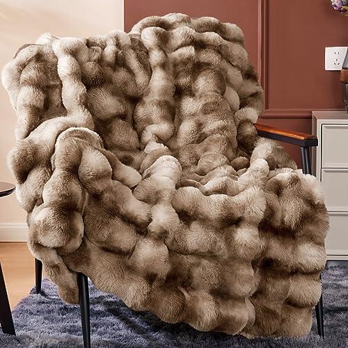 Touchat Luxury 1000GSM Faux Rabbit Fur Throw Blanket, Super Heavy Warm Cozy Brown Blankets for Couch Bed Sofa, Ruched Plush Fuzzy Elegant Soft Reversible Mink Blanket for Living Room Bedroom - SHOP NO2CO2