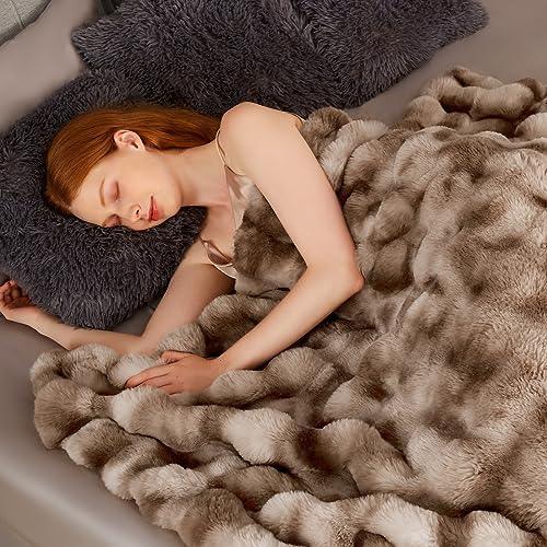 Touchat Luxury 1000GSM Faux Rabbit Fur Throw Blanket, Super Heavy Warm Cozy Brown Blankets for Couch Bed Sofa, Ruched Plush Fuzzy Elegant Soft Reversible Mink Blanket for Living Room Bedroom - SHOP NO2CO2