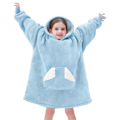 Touchat Wearable Blanket Hoodie, Oversized Sherpa Blanket Sweatshirt with Hood Pocket and Sleeves, Super Soft Warm Plush Hooded Blanket for Kids, One Size Fits All (Airy Blue) - SHOP NO2CO2