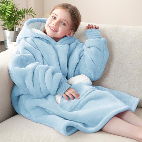 Touchat Wearable Blanket Hoodie, Oversized Sherpa Blanket Sweatshirt with Hood Pocket and Sleeves, Super Soft Warm Plush Hooded Blanket for Kids, One Size Fits All (Airy Blue) - SHOP NO2CO2