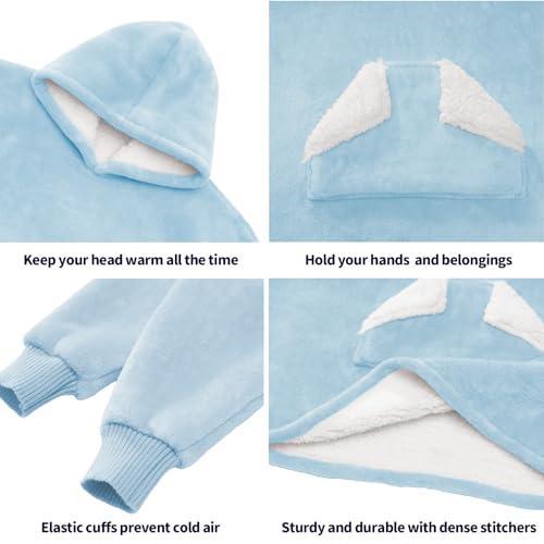 Touchat Wearable Blanket Hoodie, Oversized Sherpa Blanket Sweatshirt with Hood Pocket and Sleeves, Super Soft Warm Plush Hooded Blanket for Kids, One Size Fits All (Airy Blue) - SHOP NO2CO2