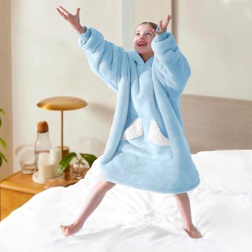 Touchat Wearable Blanket Hoodie, Oversized Sherpa Blanket Sweatshirt with Hood Pocket and Sleeves, Super Soft Warm Plush Hooded Blanket for Kids, One Size Fits All (Airy Blue) - SHOP NO2CO2