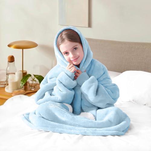 Touchat Wearable Blanket Hoodie, Oversized Sherpa Blanket Sweatshirt with Hood Pocket and Sleeves, Super Soft Warm Plush Hooded Blanket for Kids, One Size Fits All (Airy Blue) - SHOP NO2CO2