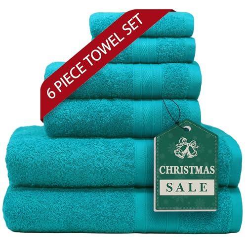 TRIDENT Luxury Soft Christmas Towel Sets for Bathroom, 6 Piece Towels Set, 2 Bath Towels, 2 Hand Towels, 2 face Cloths, Christmas Clearance Towel Set, Ring Spun Cotton 100%, Xmas Teal Towel Set - SHOP NO2CO2