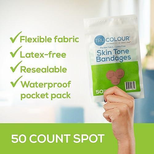 Tru Colour - Spot Bandages, Flexible Fabric Adhesive Bandages, Olive Skin Tone Shade, Green Bag, 50 Count - SHOP NO2CO2