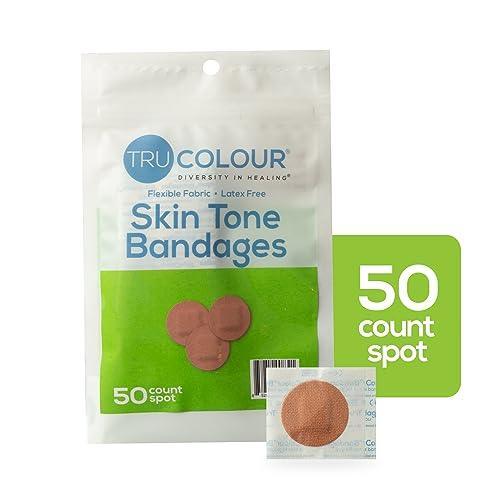 Tru Colour - Spot Bandages, Flexible Fabric Adhesive Bandages, Olive Skin Tone Shade, Green Bag, 50 Count - SHOP NO2CO2
