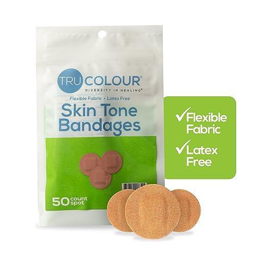 Tru Colour - Spot Bandages, Flexible Fabric Adhesive Bandages, Olive Skin Tone Shade, Green Bag, 50 Count - SHOP NO2CO2