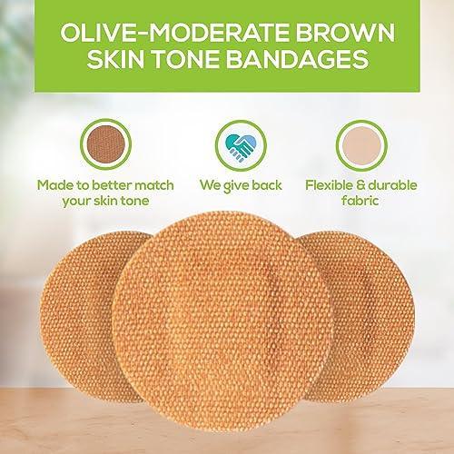 Tru Colour - Spot Bandages, Flexible Fabric Adhesive Bandages, Olive Skin Tone Shade, Green Bag, 50 Count - SHOP NO2CO2