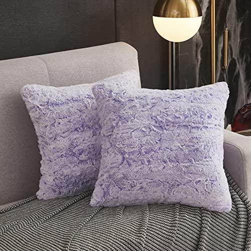 Uhamho Faux Rabbit Fur Pillowcases 18 x 18 Inch Set of 2 Solid Velvet Back Throw Pillow Cover Square Cushion Case Zipper Closure Soft and Fluffy Modern Home Decorative Lavender Ombre - SHOP NO2CO2